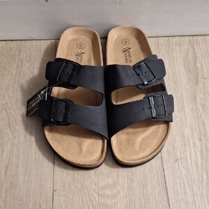 American Exchange Black  Double-Buckle Cork-Style Slide Sandals BRAND NEW